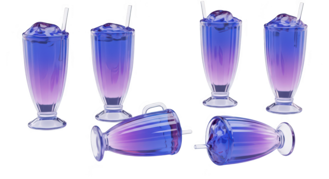 Six colorful frozen drinks arranged on a white surface with visible detail and depth perfect for food and beverage advertising