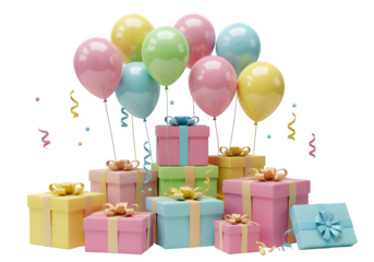 Colorful balloons float above stacked gift boxes with ribbons and bows, isolated on white or transparent background. PNG format