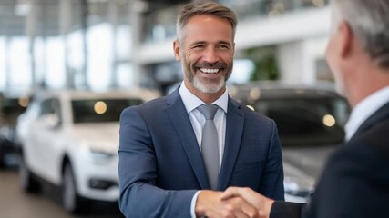 Friendly car salesman and satisfied customer sealing the deal beside a new car in a sunlit showroom filled with vehicles.