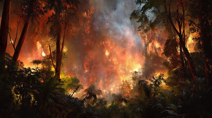 Close-Up of Raging Jungle Forest Fire with Burning Tree Trunks, Branches, and Vines