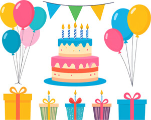 Colorful birthday cake with balloons and gifts. Fun party decorations with cupcakes and balloons. Birthday cake, presents, and colorful party balloons. Festive cupcakes, gifts, colorful birthday decor