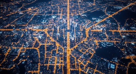 Aerial view of a city grid at night, illuminated by golden streetlights, symbolizing urban development, connectivity, and modern infrastructure.