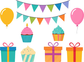 Party essentials: cupcakes, balloons, and gifts. Birthday celebration with cupcakes and decorations. Bright decorations for a festive birthday party. Festive scene with balloons, cupcakes, and gifts