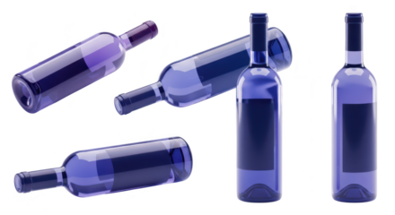 Multiple bottles of purple liquid in varying positions against a white background perfect for showcasing drink packaging or advertising
