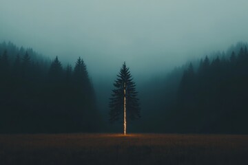 Solitary pine tree glows in mysterious forest landscape