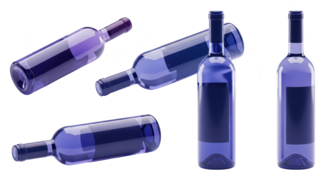 Multiple bottles of purple liquid in varying positions against a white background perfect for showcasing drink packaging or advertising