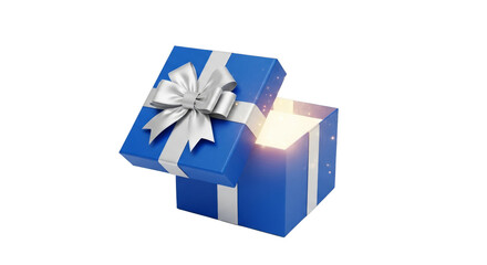 Illustration of a blue gift box with a silver bow isolated on transparent background