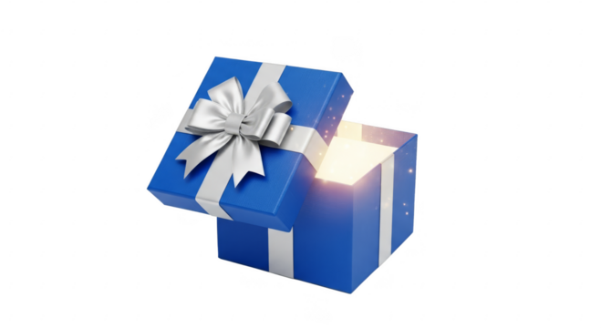 Illustration of a blue gift box with a silver bow isolated on transparent background