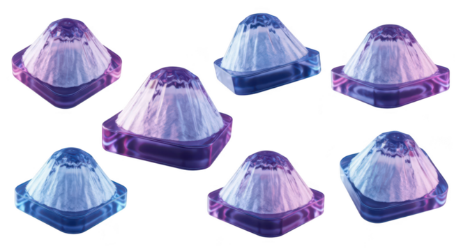 Seven abstract geometric shapes resembling frosted mountain peaks arranged on white Used in design art or digital renderings