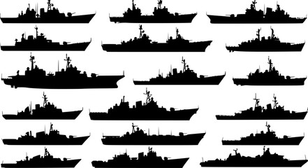 Warship navy silhouettes set, large pack of vector silhouette design, isolated white background.	
