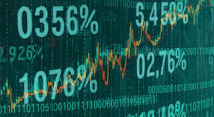 Teal Financial Data Overlay with Red and Orange Stock Market Graphs and Binary Code