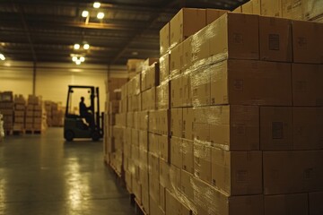 Busy warehouse interior with stacks of cardboard boxes on pallets and a forklift operator maneuvering in the background under warm industrial lighting.