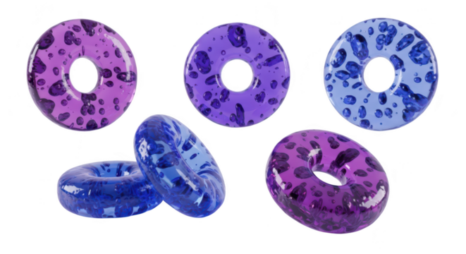 Translucent spotted donuts floating against a white backdrop showcasing colorful textures for use in abstract art or food illustration