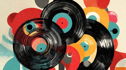 A vibrant and nostalgic artwork showcases vintage vinyl records intermingling with colorful, abstract shapes, evoking a sense of retro
