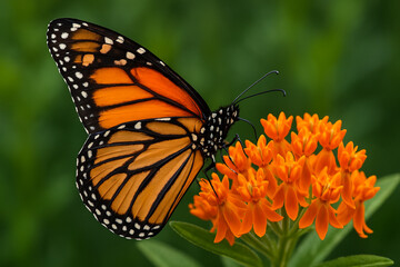 Obraz premium A beautiful monarch butterfly with orange and black wings sips nectar from a colorful garden flower on a summer day