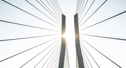 Fototapeta premium Illustration of abstract view of a modern cable suspension bridge with sunlight shining through