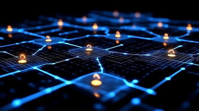 Digital network map with glowing nodes. - Powered by Adobe