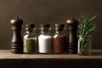 Realistic composition showing spice jars placed precisely with rosemary accents.