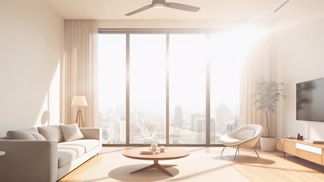 Serene Modern Living Room: Sunlit Cityscape Views, 4K
