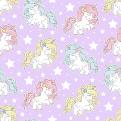 Seamless pattern with cute cartoon unicorns on pink background. For children's fabric design, wallpaper, backgrounds, scrapbooking, wrapping paper, etc. Vector