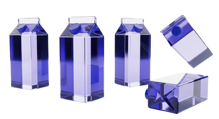 Transparent blue beverage containers in various positions isolated on a white backdrop used for product visualization