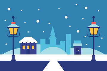 Fototapeta premium a peaceful winter scene with snow falling on a small town with illuminated street lamps vector illustration
