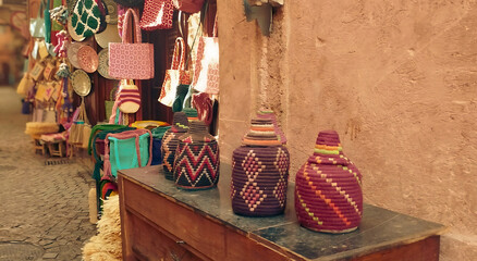 Traditional Moroccan Baskets and Bags Displayed in the Medina