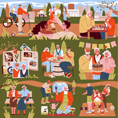 Obraz premium Various Senior Activities in the Park Vector Illustration