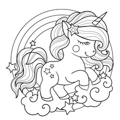 Cartoon unicorn and rainbow. Black and white linear drawing. Isolated on white background. For children's design, coloring books, prints, posters, postcards, stickers, etc. Vector illustration