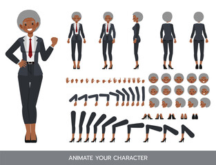 Business woman with afro hairstyle wear black suit character constructor. Flat design vector kit with poses and emotions for animation and explainer videos.