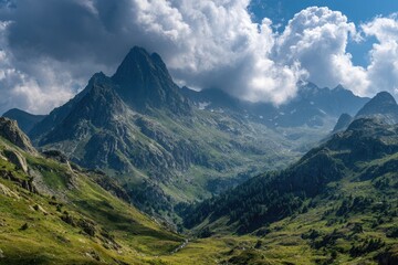 Naklejka premium Alpine valley under a dramatic sky