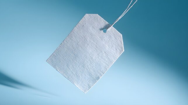 Vintage paper tag floating in blue space with abstract texture, minimalist design concept.