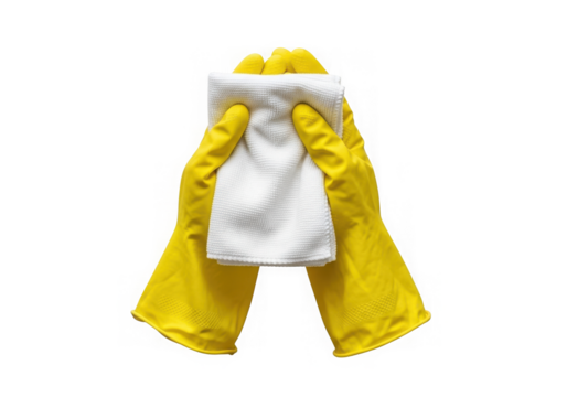 Yellow rubber gloves holding a white cleaning cloth isolated on transparent background