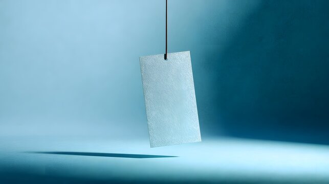 Vintage paper tag floating in blue space with abstract texture, minimalist design concept.