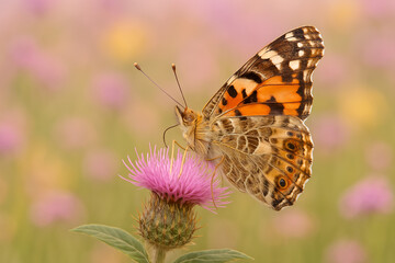 Beautiful monarch butterfly with colorful wings on a vibrant pink flower in a summer garden