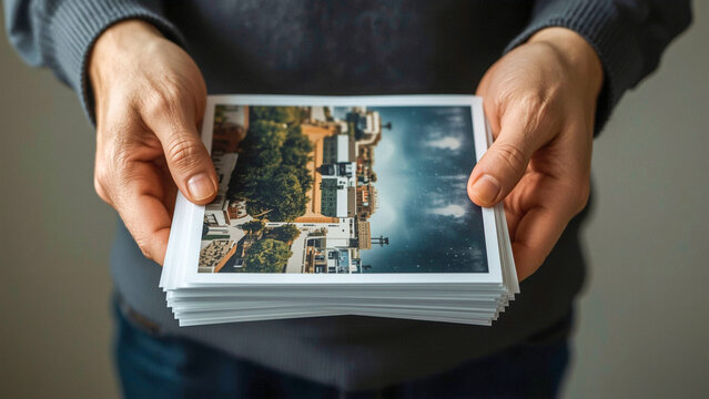 Hands Hold a Stack of Printed Photographs Showcasing Urban Landscapes and Architecture