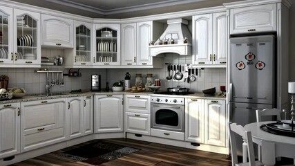This stylish kitchen showcases elegant cabinetry, modern appliances, and a cozy dining space perfect for culinary creations and gatherings