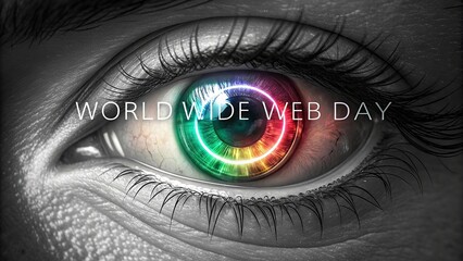 Symbolic image of human eye with vibrant iris and data overlay.