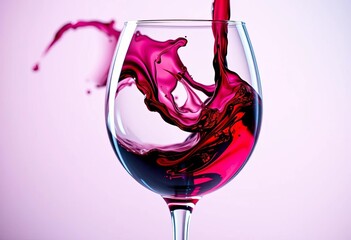 Crimson wine swirling in a crystal glass, reflecting light, glassware, background