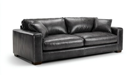 A black leather couch with a wooden legs