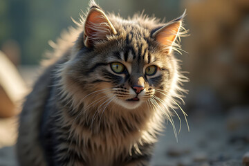 Fluffy Cat Portrait with Bright Green Eyes Looking Away