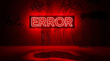 Red neon "ERROR" sign glowing on a textured dark wall. A dramatic and modern visual concept perfect for tech themes, cyberpunk design, system failure alerts, or digital branding.