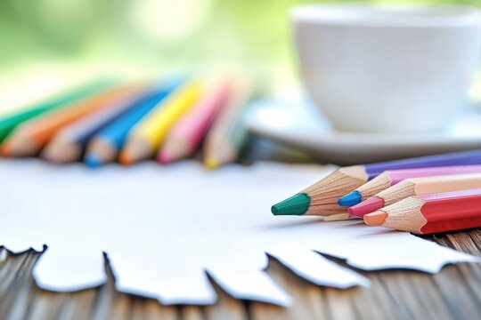Colorful pencils arranged artistically on a wooden table with a blank sheet of paper and a white cup in a blurred natural setting, perfect for creative and artistic concepts
