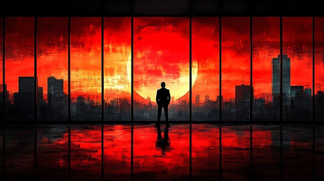 A man contemplates the city skyline at a fiery sunset. - Powered by Adobe