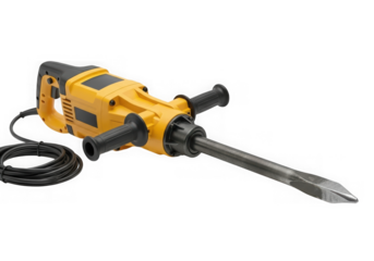 A yellow jackhammer isolated on transparent background is ready for demolition