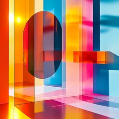 Vibrant abstract composition with colorful translucent geometric shapes and light reflections