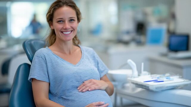 A relaxed expectant mother in her second trimester awaits dental care in a bright, clean clinic.