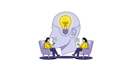Dynamic Illustration of a Creative Dialogue Between Two Individuals with a Lightbulb Concept Highlighting Brainstorming, Communication, and Innovative Ideas in a Modern Setting