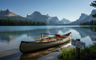 Obraz premium Vector art of canoe resting on the shore of spirit island in jasper national park, alberta, canada