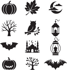 Halloween icon set. Autumnal Silhouette Collection Pumpkin, Owl ,lantern, mosque and Fall Foliage Icon. Halloween Vector